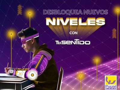 FONDO-CAMPAÑA-TU-SENTIDO Estudiante con estilo gamer escribiendo en un escritorio, acompañado del mensaje “Desbloquea nuevos niveles con TU SENTIDO”, promoviendo la prueba vocacional de Psigma para ayudar a decidir qué carrera estudiar en Colombia.