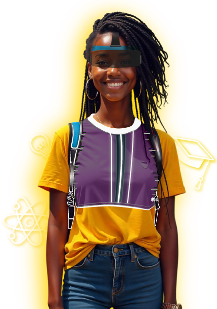 sentido-2025-mujer Estudiante sonriente con ilustraciones educativas sobre fondo amarillo, representando el proceso de orientación vocacional con la prueba TU SENTIDO de Psigma para responder a la pregunta clave: qué carrera estudiar en Colombia.